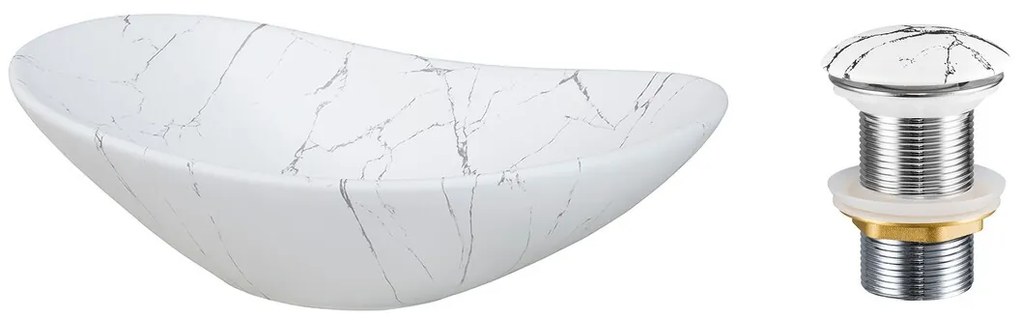 Súprava keramického umývadla na dosku a výpuste LENA biela mramorová