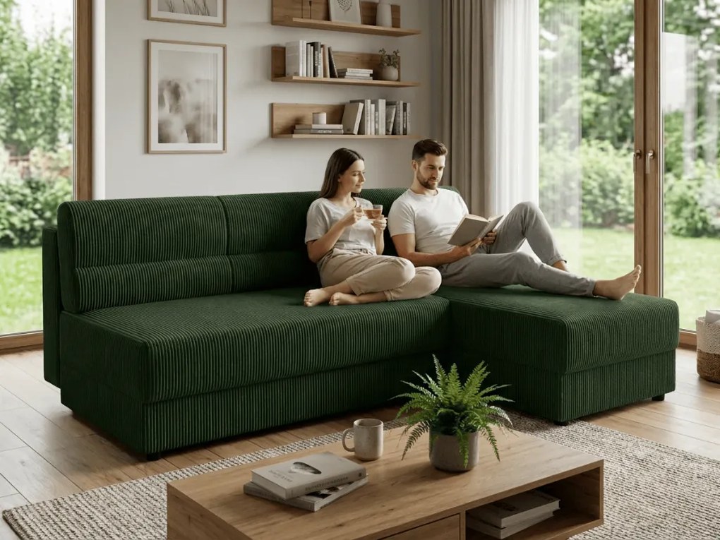 AKCIA Rozkladacia obojstranná sedacia súprava do L TAVERO SLIM 201x140 cm, tmavozelená II. akosť