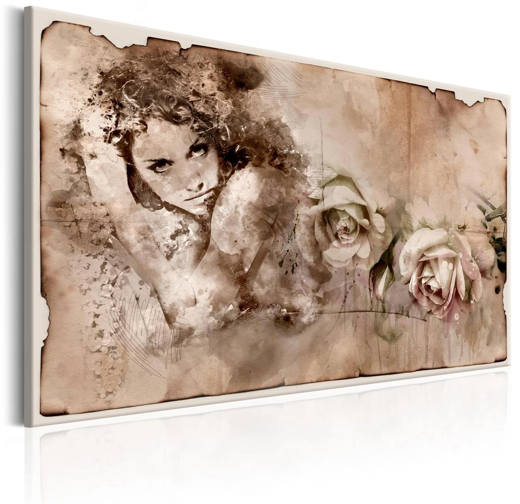 Artgeist Obraz - Retro Style: Woman and Roses Veľkosť: 120x80, Verzia: Na talianskom plátne