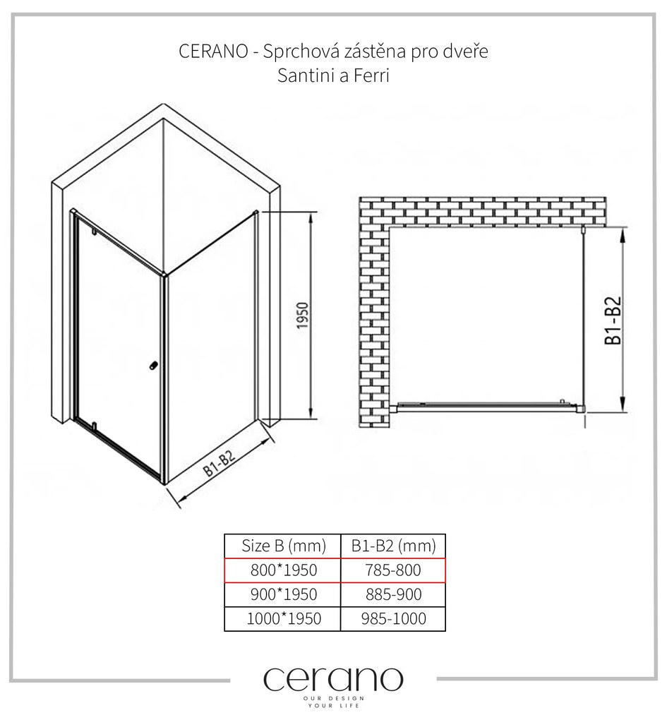 CERANO Cerano, sprchová zástena pre dvere Santini a Ferri 80x195 cm, 6mm číre sklo, chrómový profil, CER-CER-425641