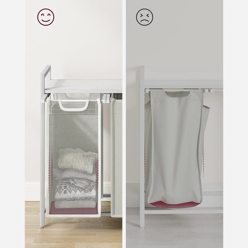 Kôš na bielizeň, 3 priehradky, s poličkou, kovový rám, biely