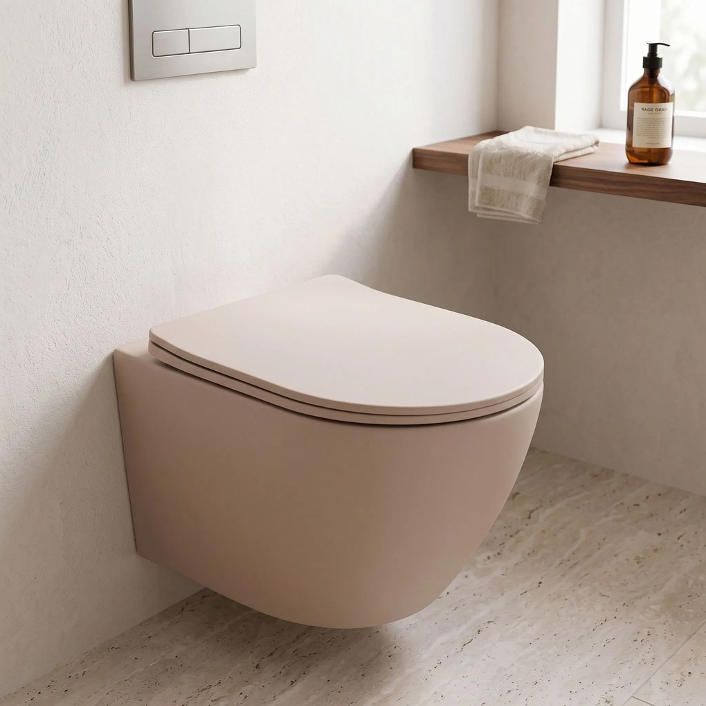 Rea Carlo Mini, závesná WC misa Rimless Tornado so sedadlom, béžová matná, REA-C4599