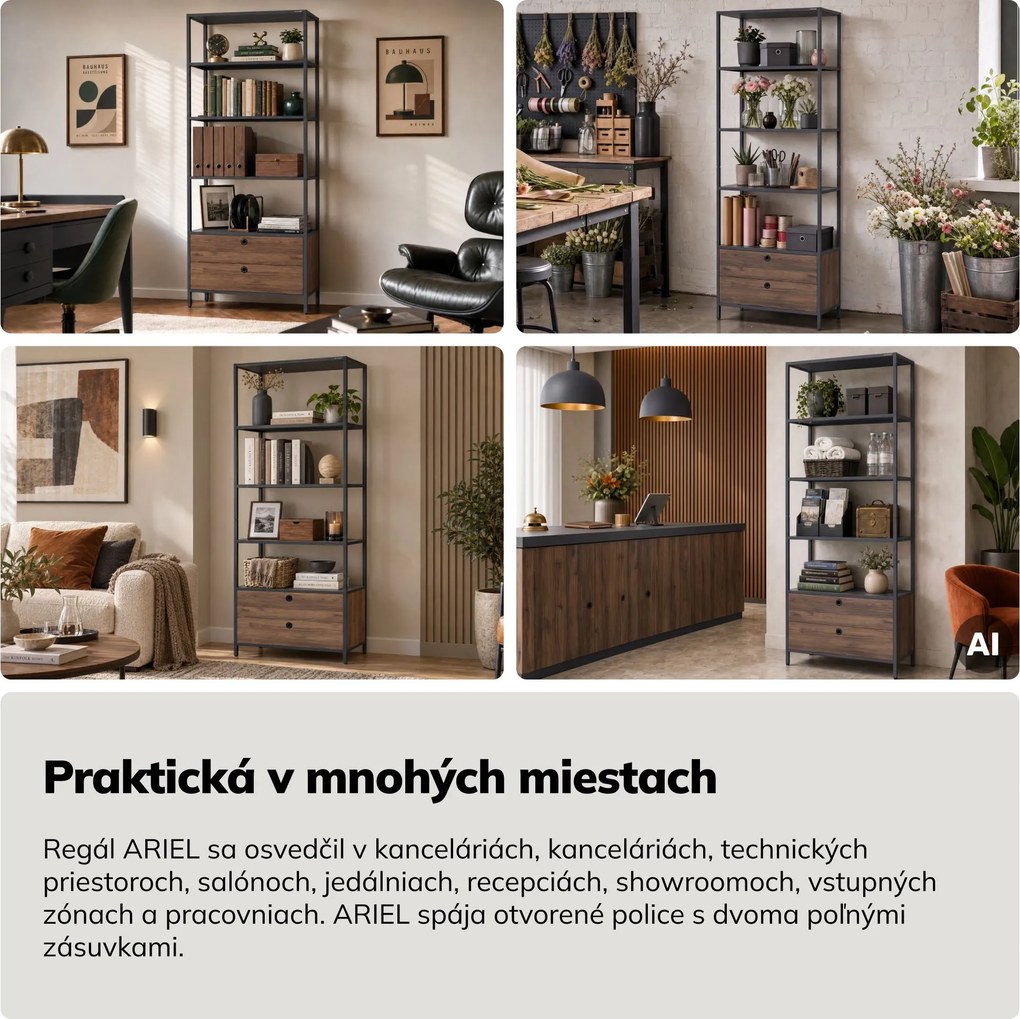 Regál so zásuvkami do kancelárie, na šanóny a dokumenty, otvorené police, kovový, antracitový/orech, 800x2200x400 mm: ARIEL Eco Design