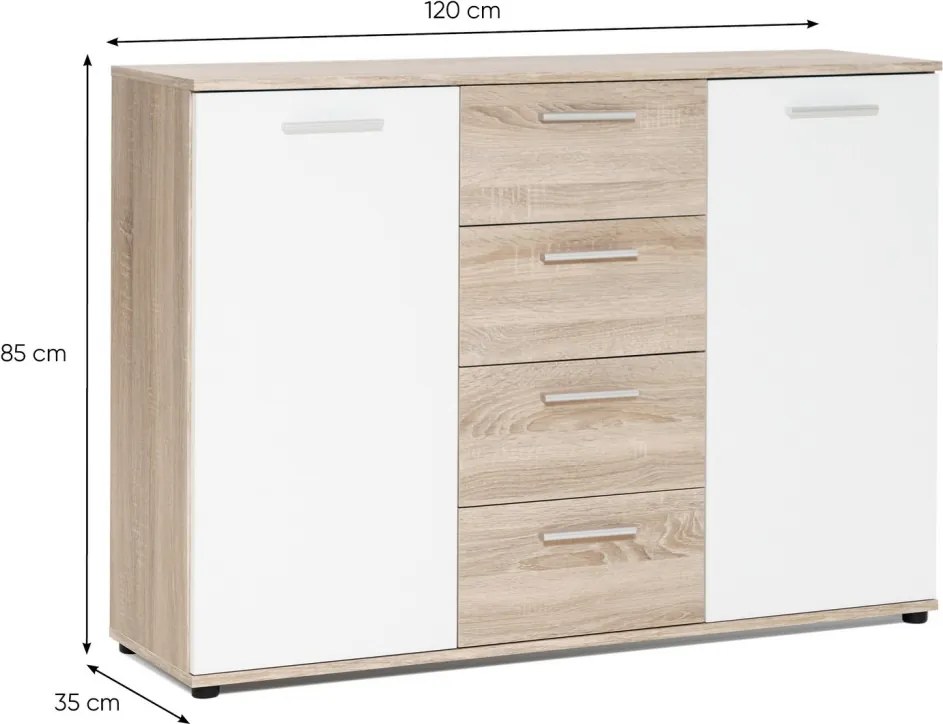 Komoda so 4 zásuvkami Jacky, dub sonoma/biela