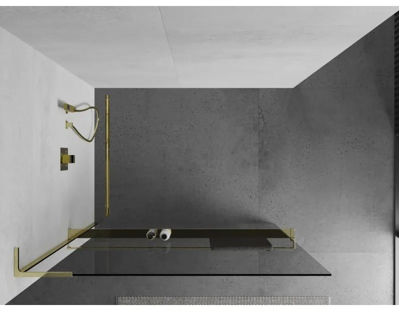 Mexen Kioto+ L, sprchová zástena Walk-In s poličkou a vešiakom 65 x 200 cm, 8mm číre sklo, zlatý lesklý profil,800-065-123-50-00