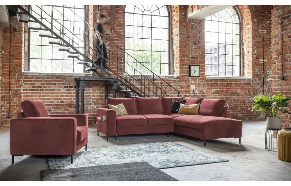 Ružová zamatová rozkladacia rohová pohovka (pravý roh) Lofty Lilly – Miuform