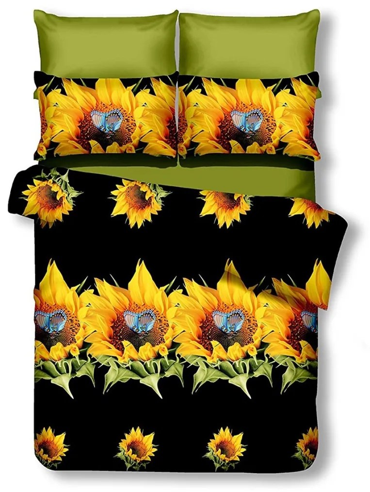 Obojstranná posteľná bielizeň z mikrovlákna DecoKing Sunflower čierno-žltá, velikost 200x220+80x80*2