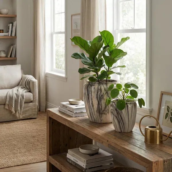 Sada 2 ks keramických květináčů NEVA MARBLE I béžová/hnědá