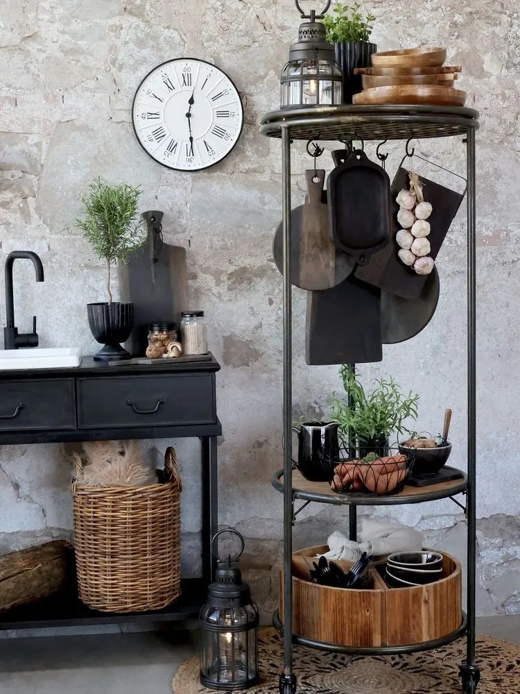 Čierny kovový regál na kolieskach s drevenými podnosmi Fil de Fer - 60*160 cm