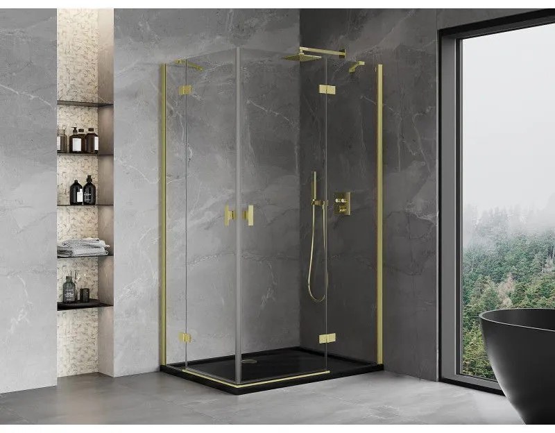 Mexen Mist-H Duo, 2-krídlový výklopný sprchový kút 75 x 90 cm, číre sklo, zlatý matný profil, 8A5-075L-090P-55-00