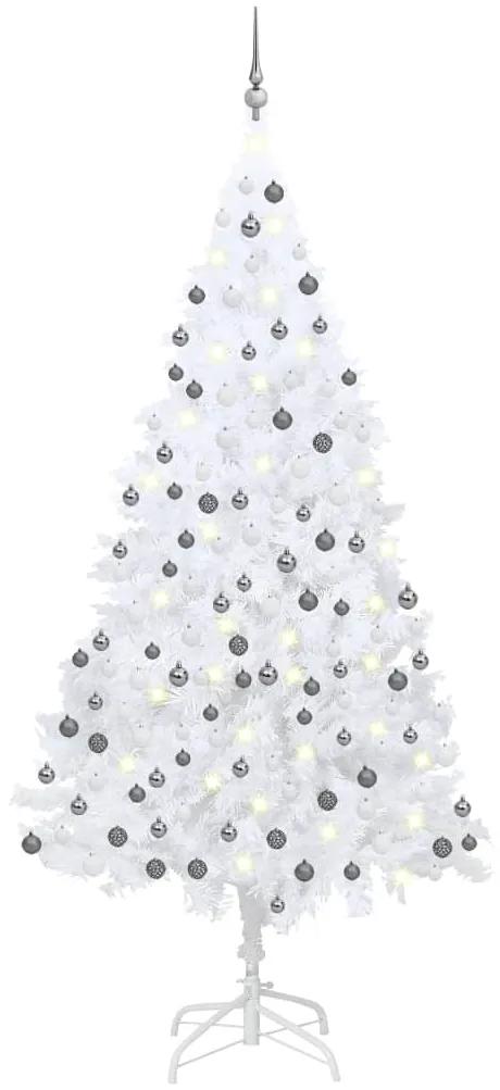 Osvetlený umelý vianočný stromček s guľami, biely 240 cm 3077715