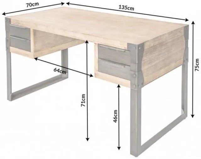 Invicta Interior - Priemyselný dizajnový písací stôl FACTORY 135 cm vápenný akáciový