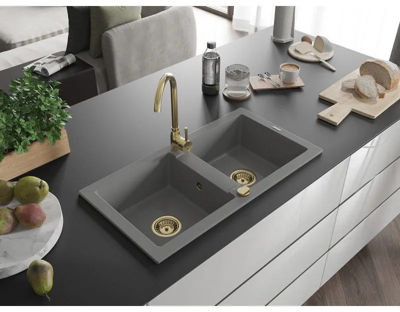 Mexen Mario, 2-komorový granitový drez 820x436x161 mm a zlatá lesklá drezová batéria Telma, šedá, 6504-71-670200-50