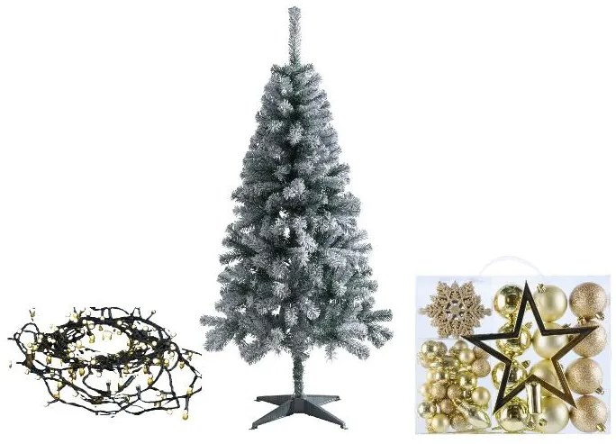 Livarno home Zasnežený umelý vianočný stromček, 150 cm + Svetelná LED reťaz, teplá biela + Ozdoby, zlaté  (800010998)