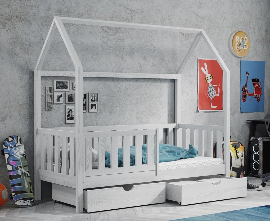 Detská domčeková posteľ z masívu borovice MAGDA so šuplíkmi - 200x90 cm - BIELA