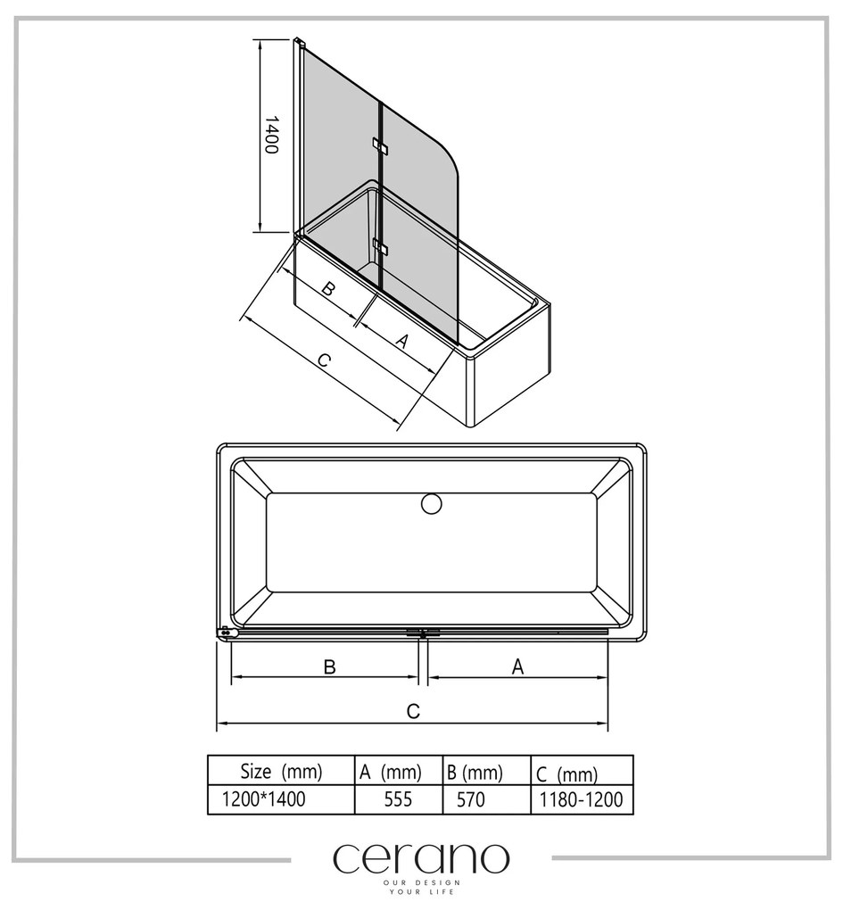Cerano Vasca, 2-krídlová vaňová zástena 120x140 cm, 6mm číre sklo, čierny profil, CER-CER-413507