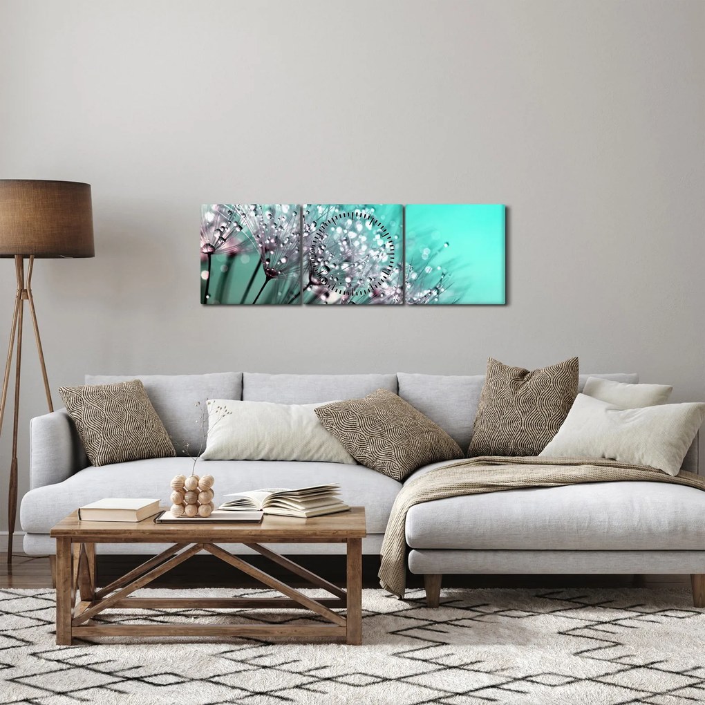 Obraz - orosená rastlina (s hodinami) (90x30 cm)