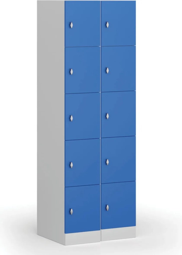 Šatníková skrinka S1 s úložnými boxmi, 5 boxov, 1850 x 300 x 500 mm, otočný zámok, modré dvere