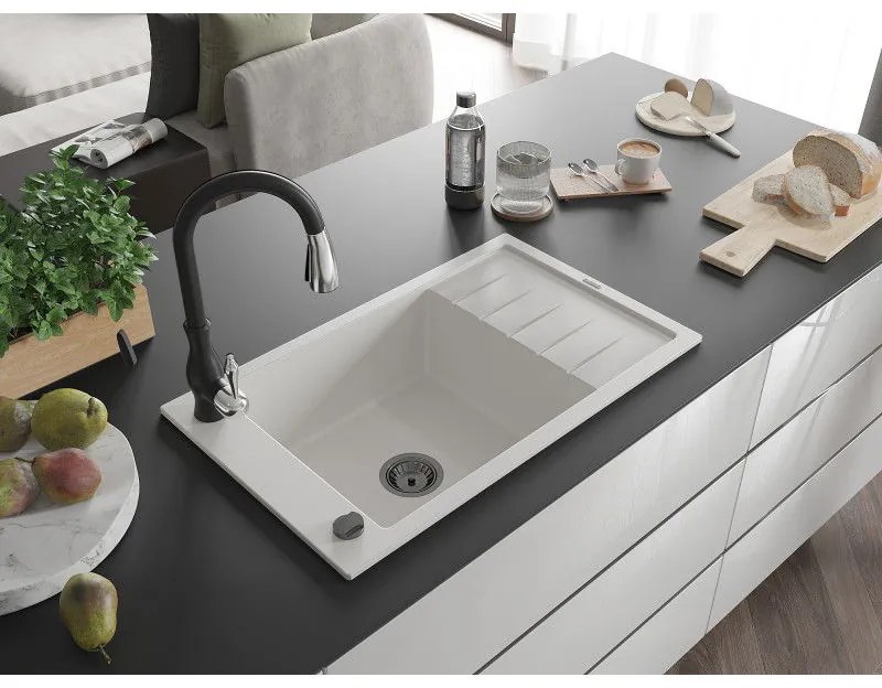 Mexen Elias, 1-komorový granitový drez 795x480x200 mm a drezová batéria Savita, biela, 6511-20-672601-70