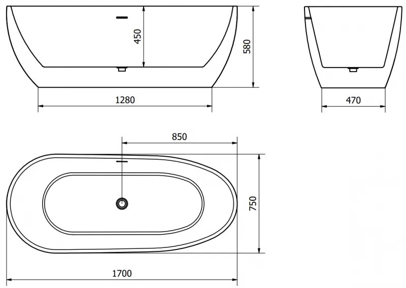 Mexen Eos, voľne stojaca vaňa 170 x 75 cm, biela, brúsený grafit prepad, 52471707500-95
