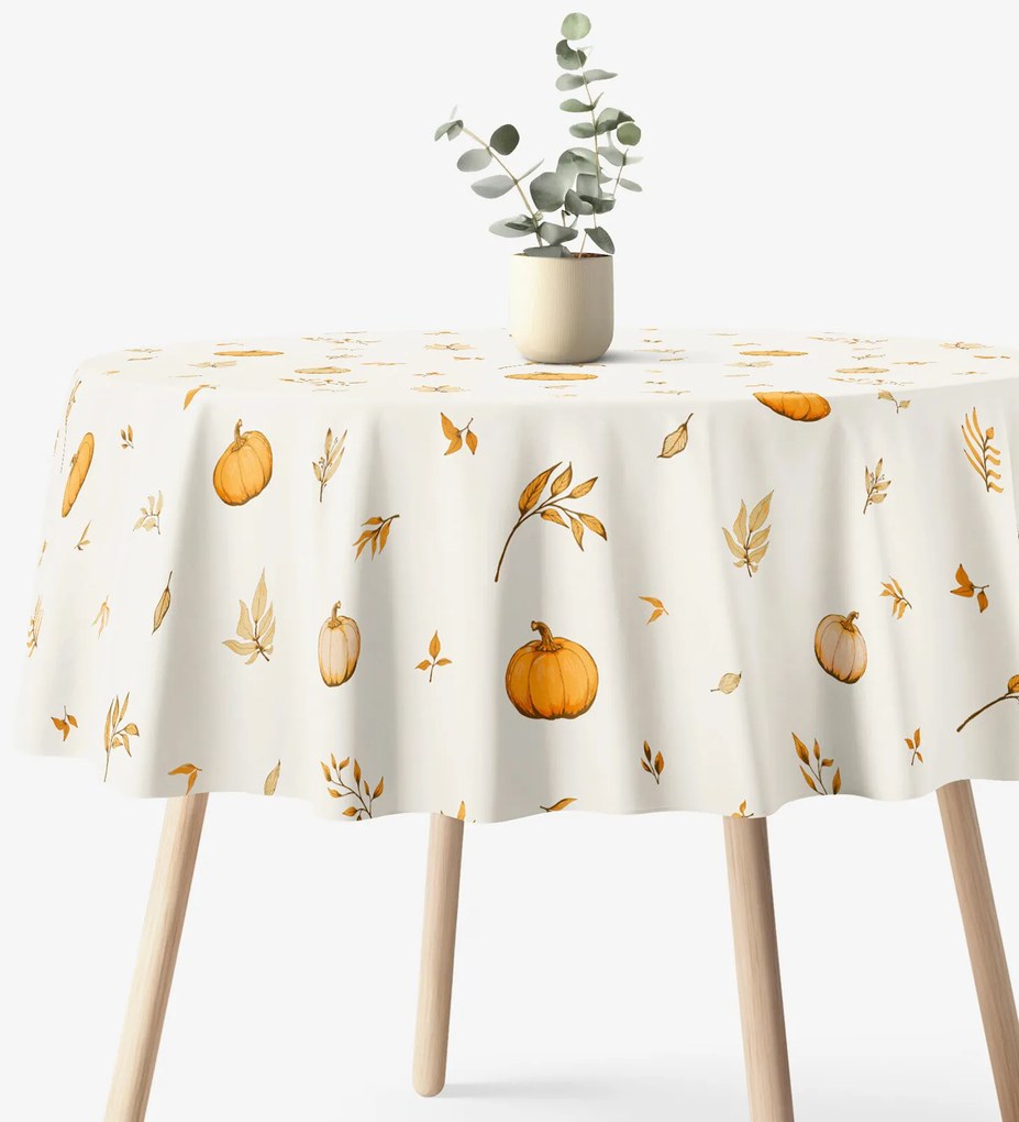 Goldea okrúhly obrus 100% bavlnené plátno - jesenné tekvice a lístky Ø 150 cm