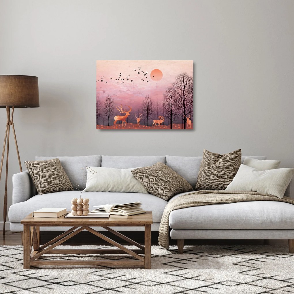 Sklenený obraz - Jelene v žiare zapadajúceho slnka (70x50 cm)