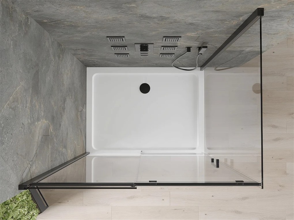Mexen Omega, sprchovací kút s posuvnými dverami 120 (dvere) x 70 (stena) cm, 8mm číre sklo, čierny profil + slim sprchová vanička biela s čiernym sifónom, 825-120-070-70-00-4010B