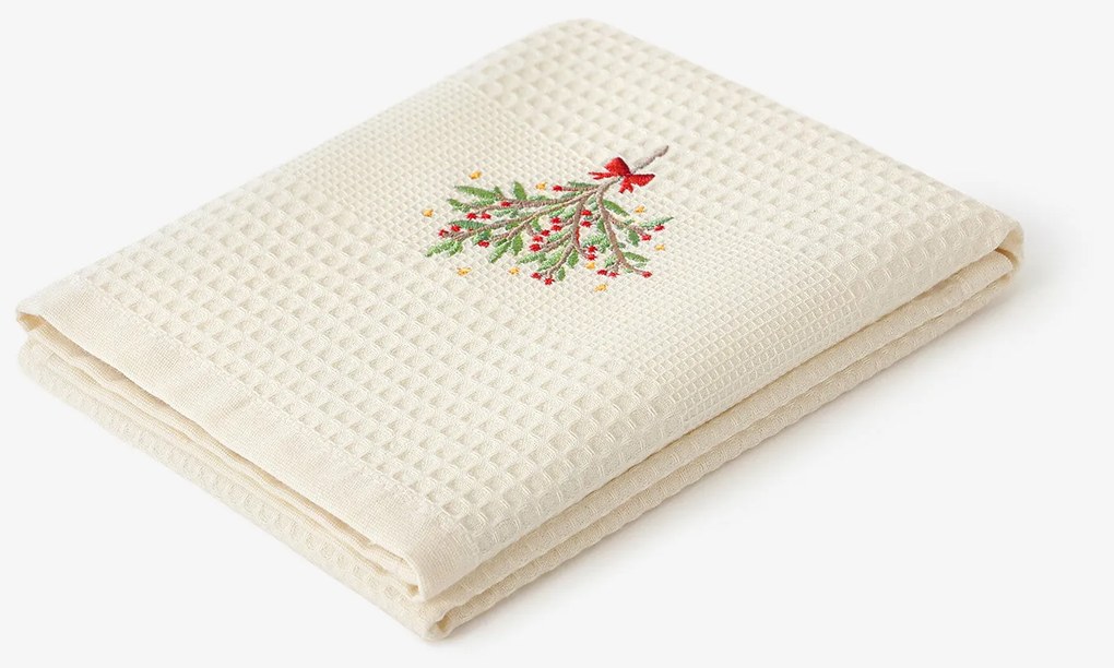 Goldea vianočná kuchynská vaflová utierka s výšivkou - imelo na krémovom 50 x 70 cm