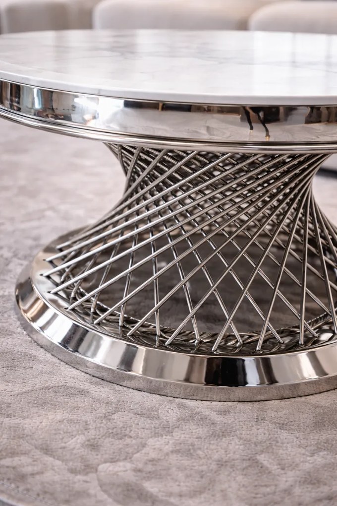 OKRÚHLY KONFERENČNÝ STOLÍK AUDREY BIELY MRAMOR + STRIEBORNÝ 80 cm