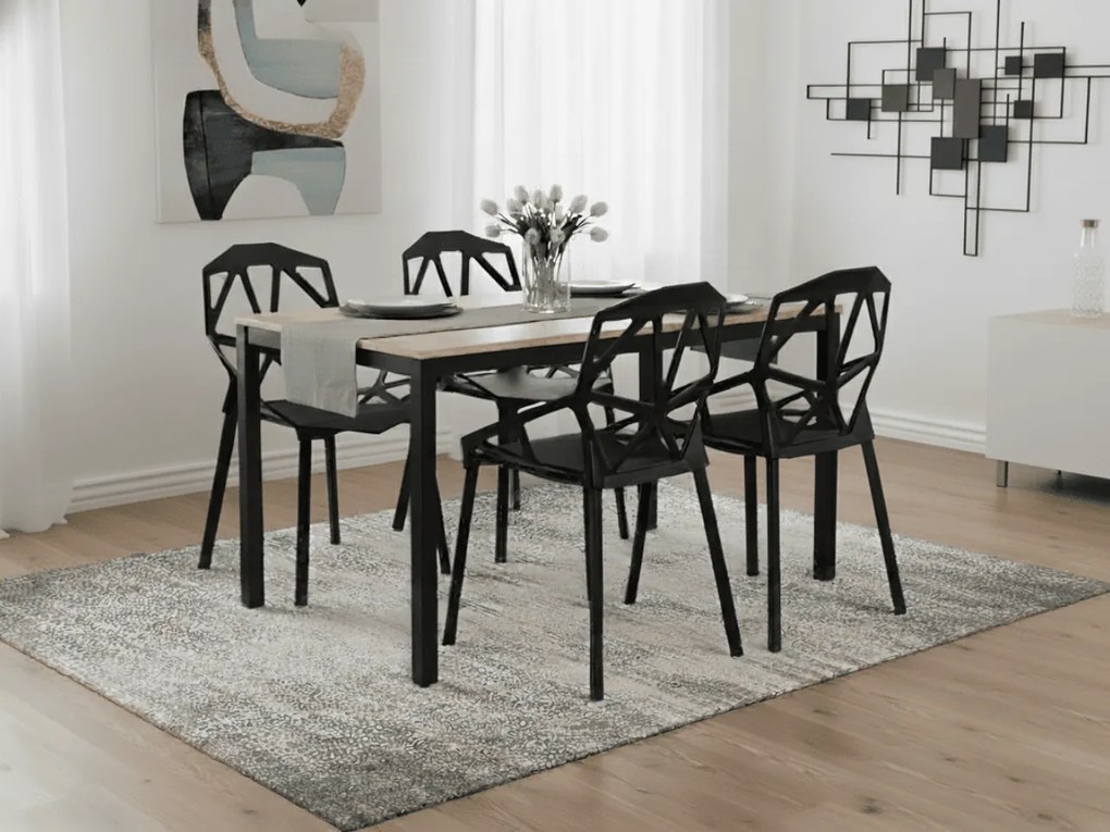 Jedálenský set 1 + 4, stôl TESSA 120x60 cm čierna/dekor dub + čierna plastová stolička ESSEN