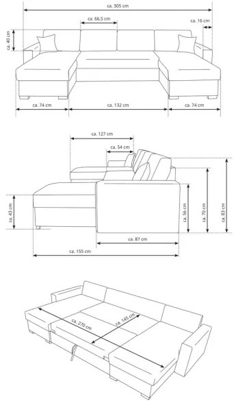 Rozkladacia sedacia súprava s úložným priestorom v tvare U JANISE sivá