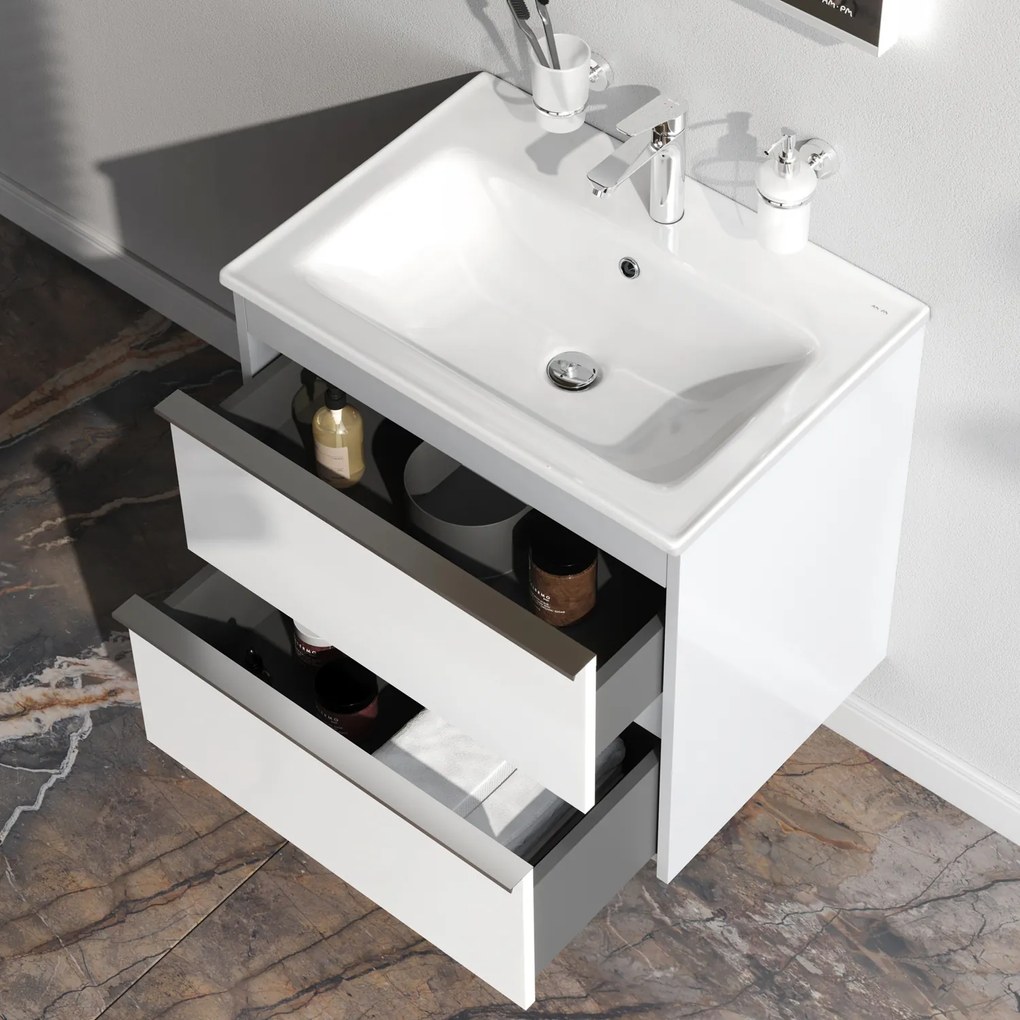 Skrinka s umývadlom 65 AM.PM Hit MTAFHX0652WG závesná, 2 zásuvky, lesklá biela