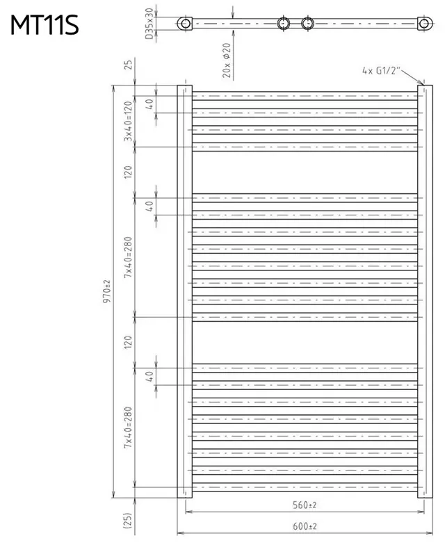 Mereo, Vykurovací rebrík 600x1850 mm, rovný, biely, stredové pripojenie, MER-MT14S