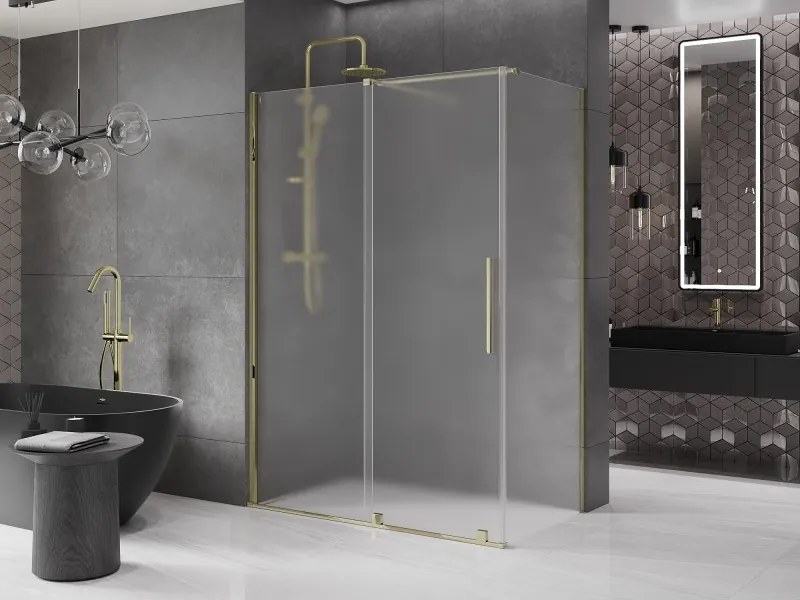 Mexen Velar, sprchový kút s posuvnými dverami 150 x 80 cm, 8mm sklo námraza, zlatá lesklá, 871-150-080-31-50