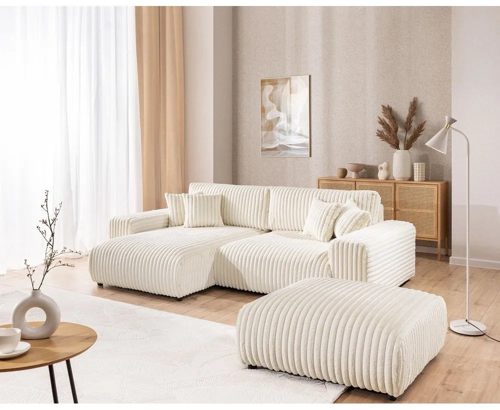 Krémová menčestrová rozkladacia/s úložným priestorom rohová pohovka (ľavý roh) Sarina – Ropez