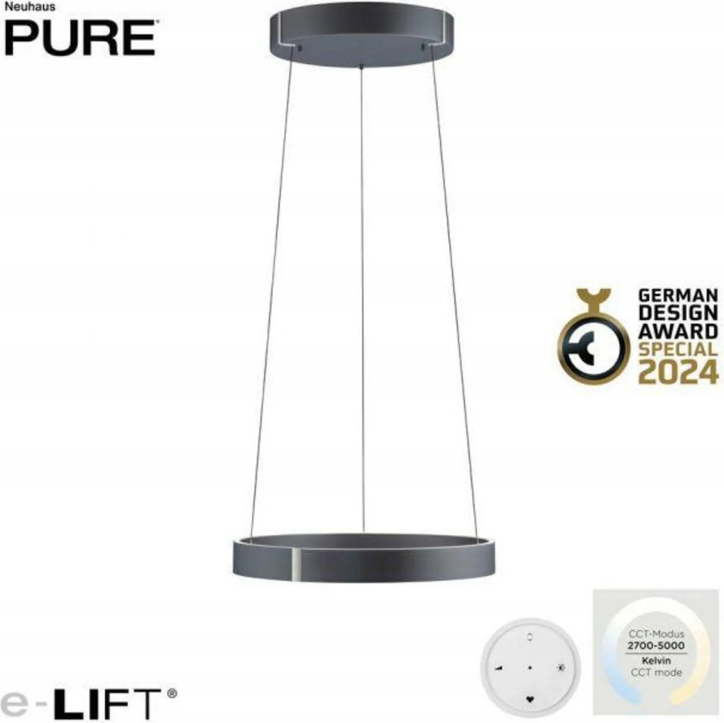 Led závesné svietidlo Paul Neuhaus Pure E-Clipse sivé, 2700-5000K, e-LIFT, 5