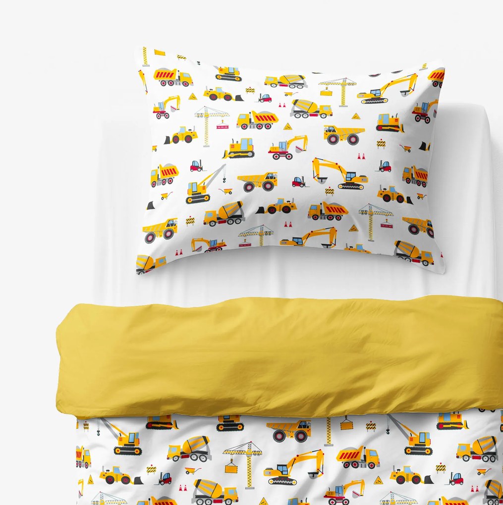 Goldea detské bavlnené obliečky duo - nákladné autá a bagre s medovo žltou 150 x 200 a 50 x 60 cm