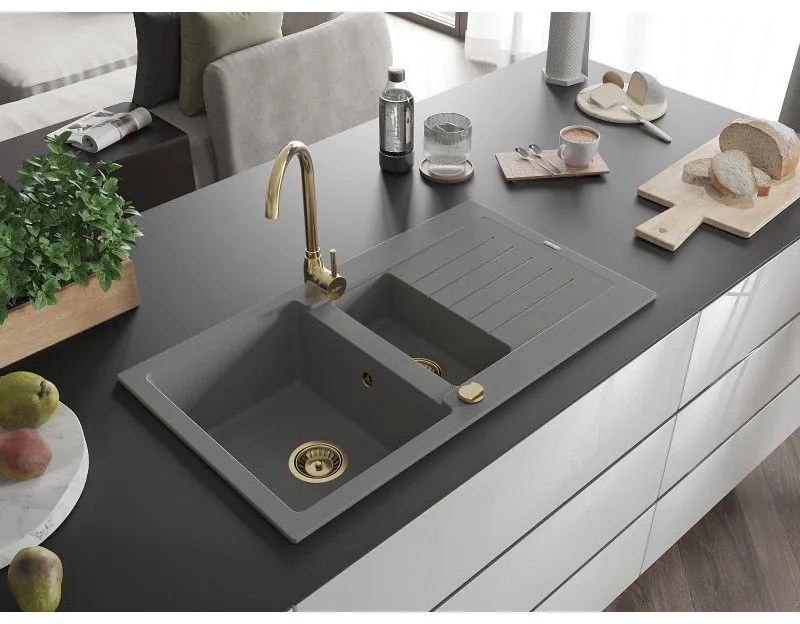 Mexen Matias - drez granitový 900x505x200 mm, 1,5-komorový, šedá so zlatým sifónom, 6502901505-71-G