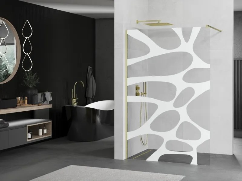 Mexen Kioto, sprchová zástena Walk-In 70 x 200 cm, 8mm číre sklo biely vzor, zlatý matný profil, 800-070-101-55-97