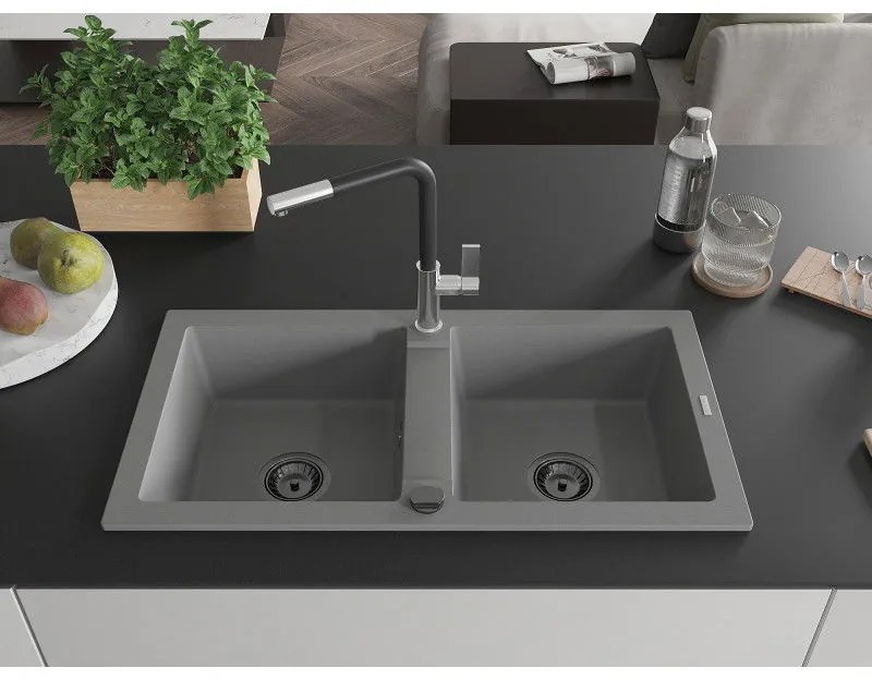 Mexen Mario, 2-komorový granitový drez 820x436x161 mm a drezová batéria Flora, šedá, 6504-71-670401-07-B