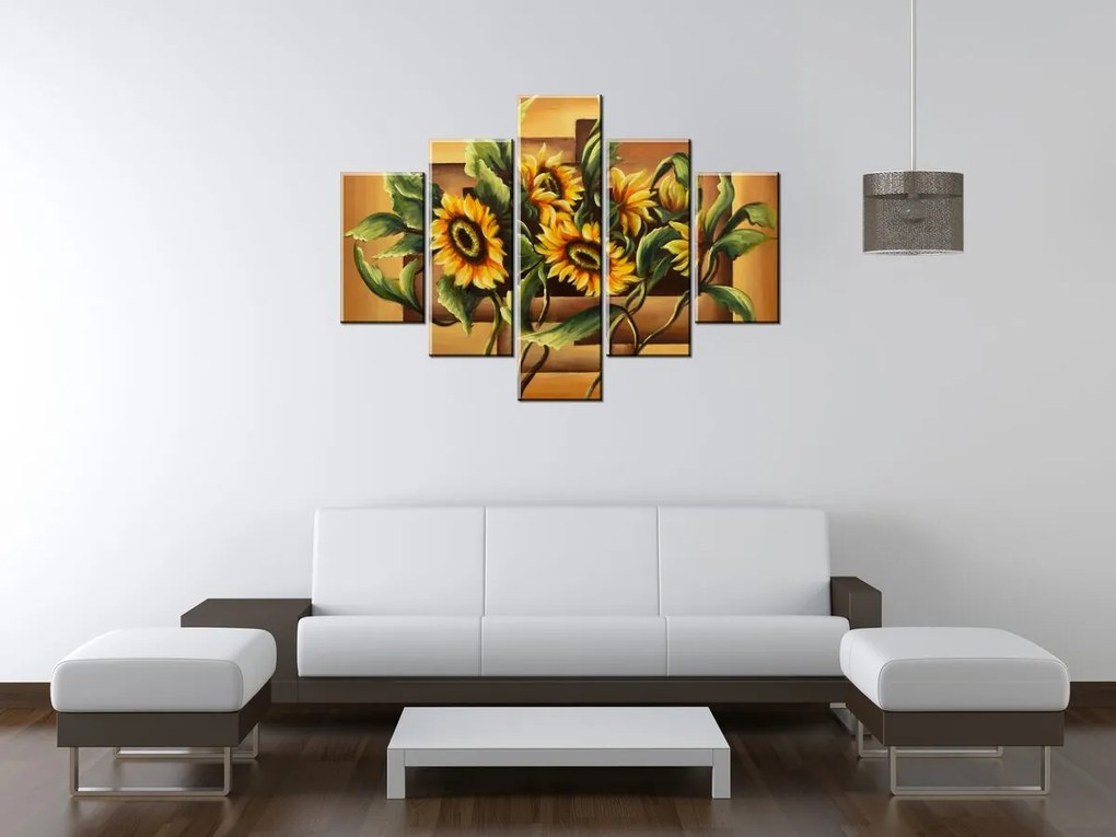 Gario Ručne maľovaný obraz Kompozícia Slnečnice - 5 dielny Rozmery: 100 x 70 cm
