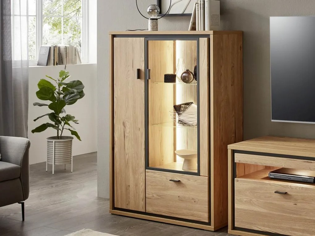 Skrinka s presklením Flores, dub gustavson/antracit