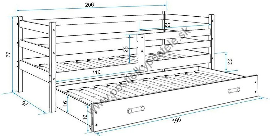 Posteľ s prístelkou ERIK 2 - 200x90cm Biely - Modrý