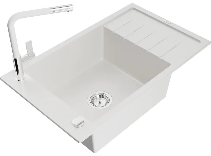 Mexen Elias, 1-komorový granitový drez 795x480x200 mm a drezová batéria Flora, biela, 6511-20-670401-02