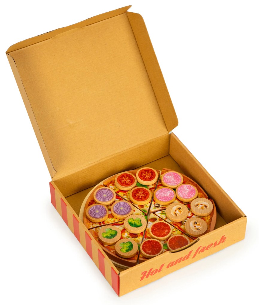 ECOTOYS Drevená pizza 27 dielov (na suchý zips)