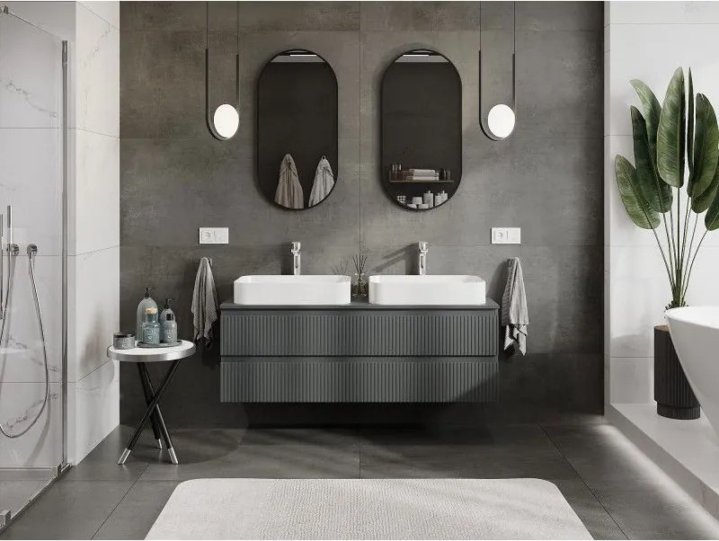 Mexen Rivel, kúpeľňová skrinka pod umývadlo 140 cm s hornou doskou, 2 zásuvky, drážkovaná, grafit matná - 91A20-14047-2-BFFC66