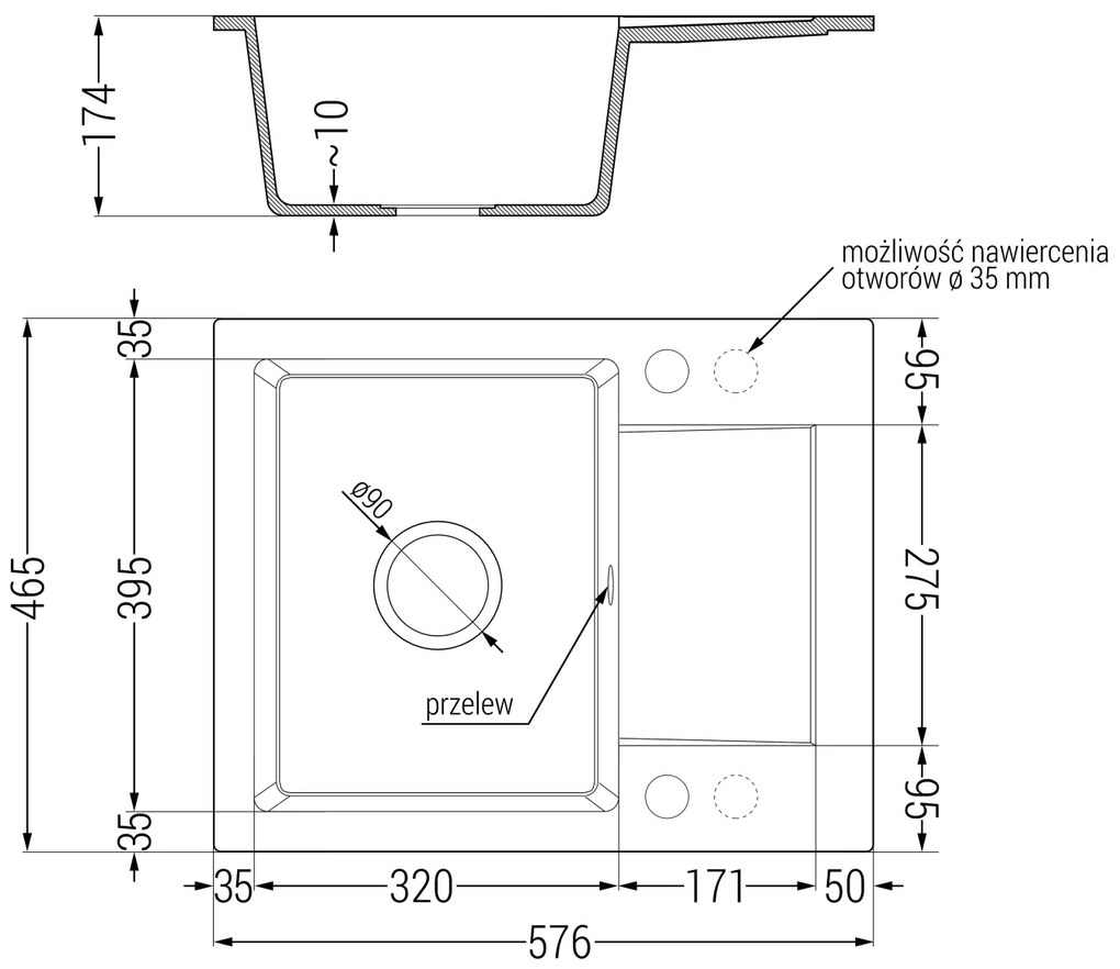 Mexen Enzo, granitový drez 576x465x174 mm, 1-komorový a čierna batéria Rita, šedá, 6506-71-670300-70-B