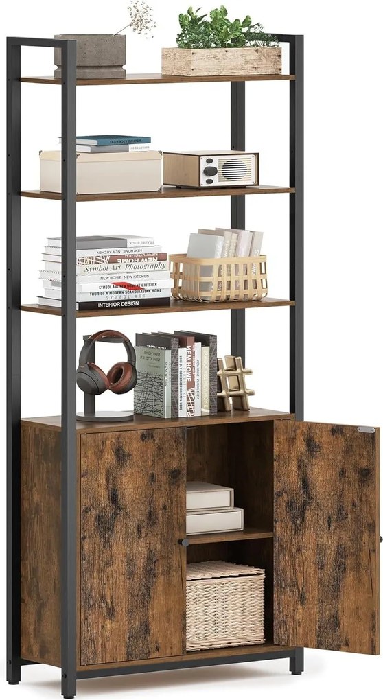 Knižnica, 6-úrovňová stojaca polica s dvierkami, 24 × 60 × 159,5 cm, rustikálna hnedá