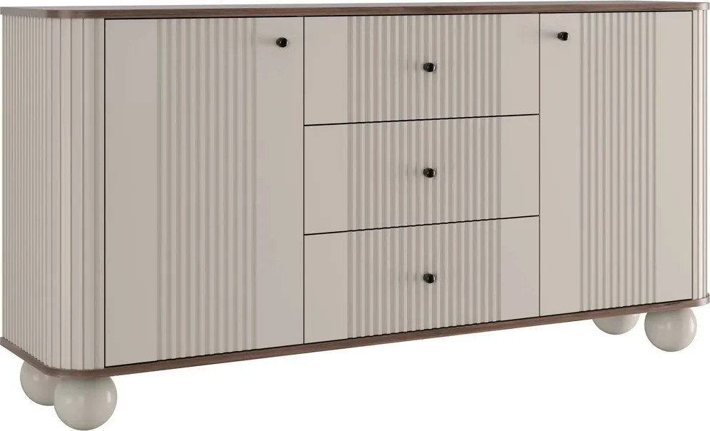 Komoda so zásuvkami Vesper 160 cm - kašmír / orech / čierne úchytky / guľové nohy