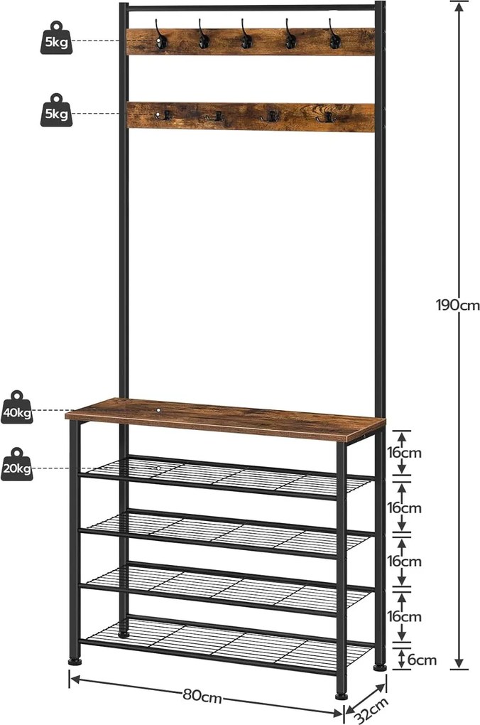 Predsieňový vešiak s botníkom Vasagle Mjora 80 cm čierny/hnedý
